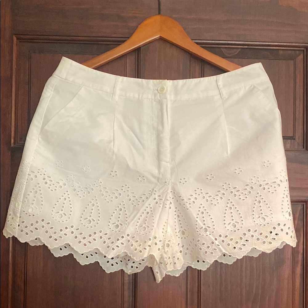 High Waist White Eyelet Shorts with Scalloped Hem